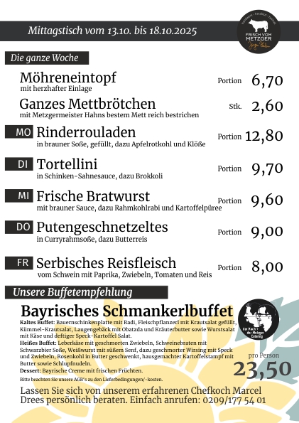 Mittagstisch frisch vom Metzger 45.KW