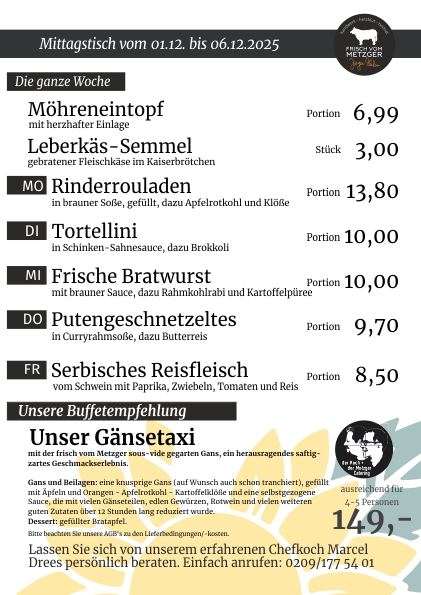 Mittagstisch frisch vom Metzger 45.KW