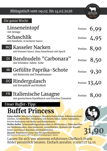 Mittagstisch frisch vom Metzger 45.KW