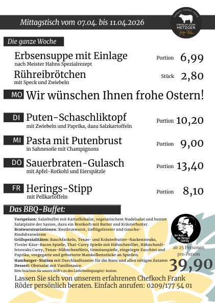 Mittagstisch frisch vom Metzger 45.KW