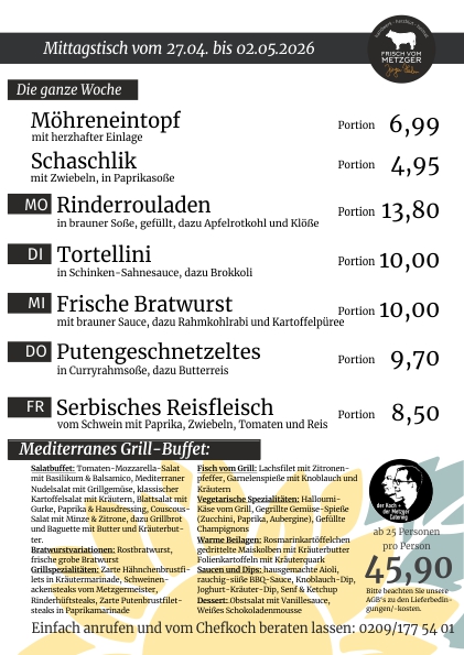 Mittagstisch frisch vom Metzger 45.KW