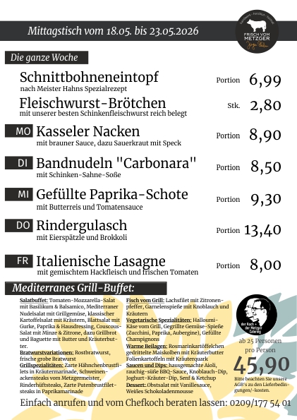 Mittagstisch frisch vom Metzger 45.KW