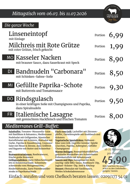 Mittagstisch frisch vom Metzger 45.KW