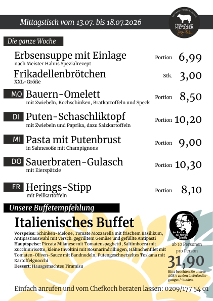 Mittagstisch frisch vom Metzger 45.KW