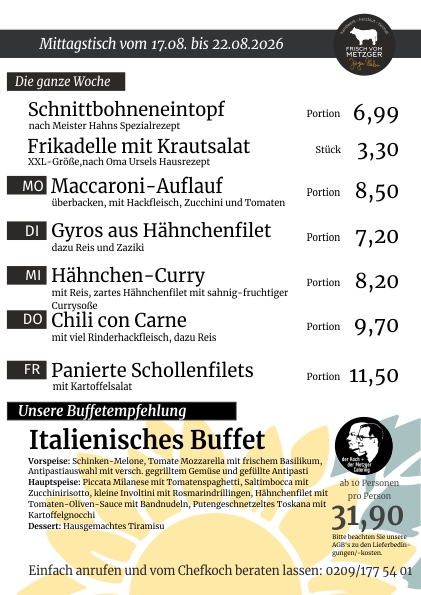 Mittagstisch frisch vom Metzger 45.KW